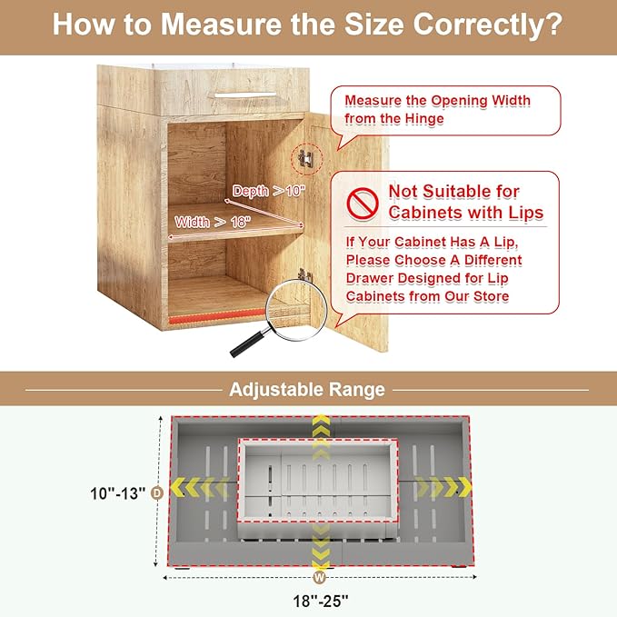 Pull out Cabinet Organizer,Width (18"-25") and Depth (10"-13") Expandable,No Drill Adjustable Slide out Drawers for Pantry,Adhesive Roll out Shelves Short,for upper cabinet,White