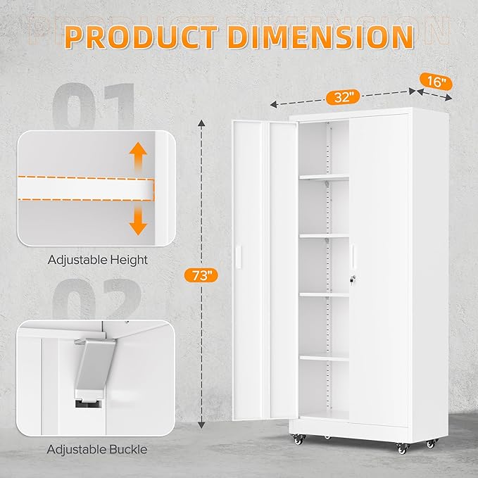 Superday 73" Metal Storage Cabinet with Wheels, Lockable Steel Utility Cabinet with 2 Doors and 4 Adjustable Shelves, Rolling Storage Cabinets for Garage, Home Office, Kitchen Pantry, White