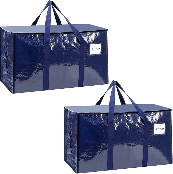 2-Pack Extra-Large Heavy-Duty Storage Totes with Reinforced Handles, Durable Zippers & Waterproof Material — Perfect for Space-Saving, Moving, Shipping and Travel (Blue)