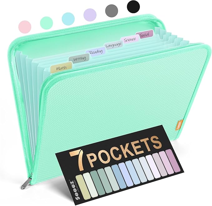 Sooez 7 Pockets Accordion File Organizer, Zipper Expanding File Folder, Heavy Duty Folder Organizer, Sleek Letter Size Accordion Folder, Portable Expandable File Folder for Documents, Green