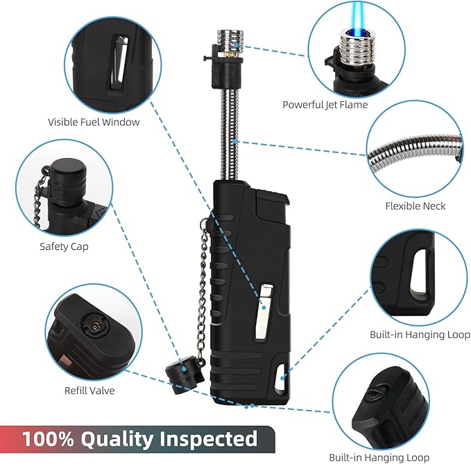 Navpeak Mini Camping Torch Lighter Handy Portable Flexible Wand Telescoping Burner Head Windproof Flame Butane Refillable for Hiking Campfire Candle Grill Fireplace Outdoor(Buatne Not Included)(Black)
