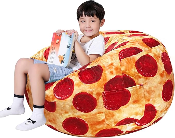 Lukeight Pizza Stuffed Animals Storage Bean Bag Chair Cover Only (Ships Empty, No Filling) - Velvet YKK Zipper Beanbag Cover for Kids Big kids, Washable Plush Toy Organizer, X-Large 30" D x 18" H