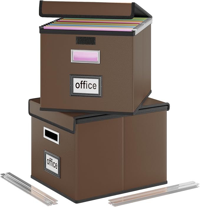 Huolewa File Organizer Boxes with Lids, Collapsible Faux Leather Hanging File Folder Box Organizer with Plastic Slide, Decorative Home/Office Filing System Boxes for File and Folders Storage