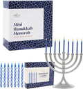 Hanukkah Silver Matte Mini Menorah with Candles Classic 5 Inch Great for Travel, Hanukkah Decor Centerpiece