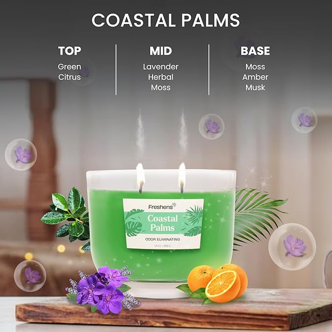 Carolina Freshens Coastal Palms Odor Eliminating Highly Fragranced Candle for Home Scented, Eliminates 90% of Pet, Smoke, Food and Other Smells Quickly, 2 Wick, 14 oz - Made in The USA