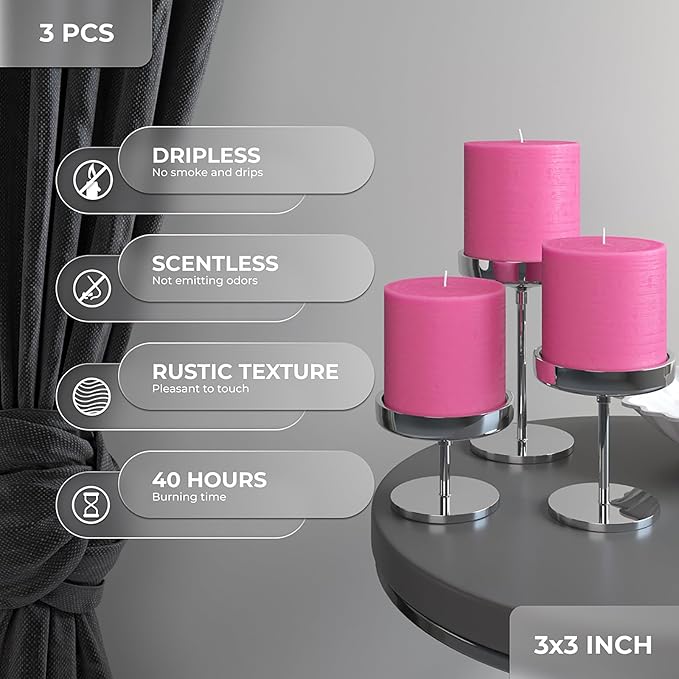 CANDWAX 3x3 Pillar Candles Set of 3 - Rustic Unscented Hot Pink Candles for Home Decor, Weddings, Gender Reveal Parties