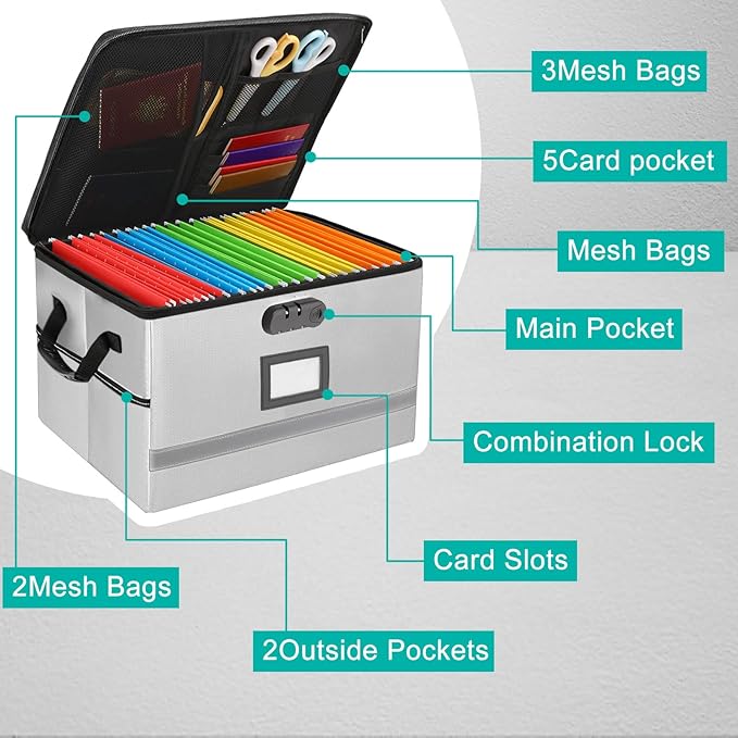 EXLIFBAG File Box with Lock, Portable Document Organizer Box with Handle, Fireproof File Box for Home Office, Legal File Organizer Storage