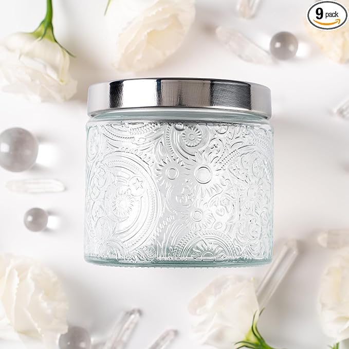 9-Pack 10 oz Sun Moon Star Embossed Glass Candle Jars with Mirror Lids and Labels - Unique Clear Candle Containers with Lids for Candle Making