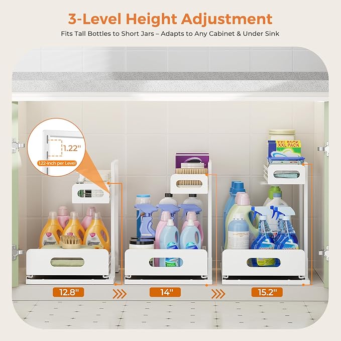 Delamu 2 Pack Metal Bathroom Organizers and Storage, 2 Tier Pull Out Under Sink Organizer with 2 Small Baskets, Adjustable Under Sink Shelf for Multipurpose Cabinet Organizer, White