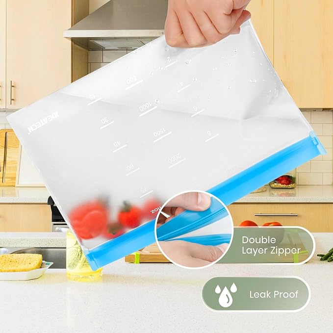 Dishwasher Safe Reusable Storage Bags Stand Up - BPA Free Reusable Sandwich Bags - Leakproof Gallon Freezer Bags for Marinate Meats, Salad Fruit - Multicolor 8 Gallon + 8 Sandwich + 8 Snack Bags