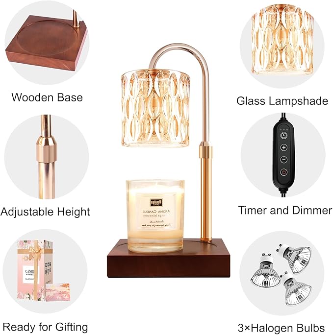 Candle Warmer Lamp, Candle Warmer Light with Timer & Dimmer, Candle Warmer Lamp Adjustable Height, Compatible with Jar Scented Candles, Candle Warming Lamp with 3 Bulbs for Home Decor