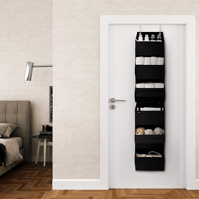 GRANNY SAYS Back of Door Organizer, 6-Shelf Detachable Over the Door Baby Organizer with 8 Pockets, Anti Tilt 40lb Large Capacity Hanging Diaper Storage for Nursery, Bedroom, Kids Room, Black