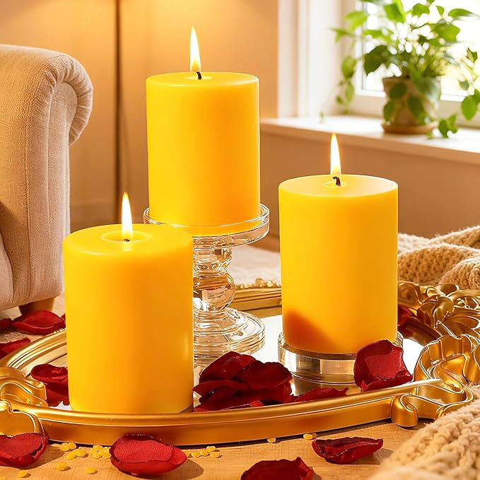 2 Packs 3" x 4" Natural Beeswax Pillar Candles,120 Hours Long Burning Emergency Candles 100% Pure Beeswax Candle,Blessed Bees Wax Candles for Home Room Paryer Parties,Smokeless & Dripless