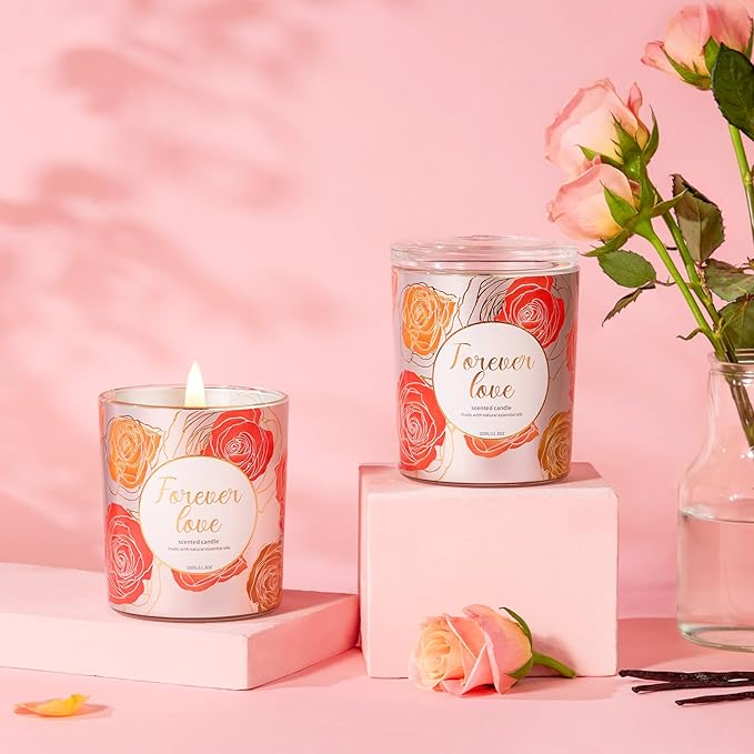 Candles for Women Gift,2 Pack Wood Wick Rose Peony&Vanila Amber Candle Set – Long Lasting Soy Wax Candles with Gift Boxes, Holiday Aromatherapy Candles for Home Decor & Holiday Gifts