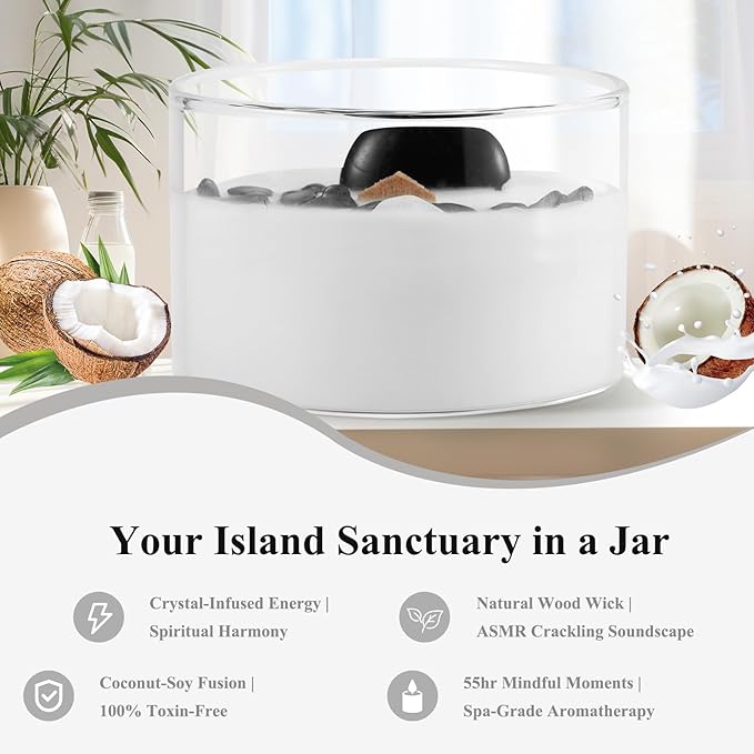 Premium Coconut Scented Soy Candles with Crackling Wood Wick & Real Crystals Inside, 55-Hour Burn Non-Toxic Aromatherapy Home Scented Candle Gifts for Women, Mom, Birthday (7oz)