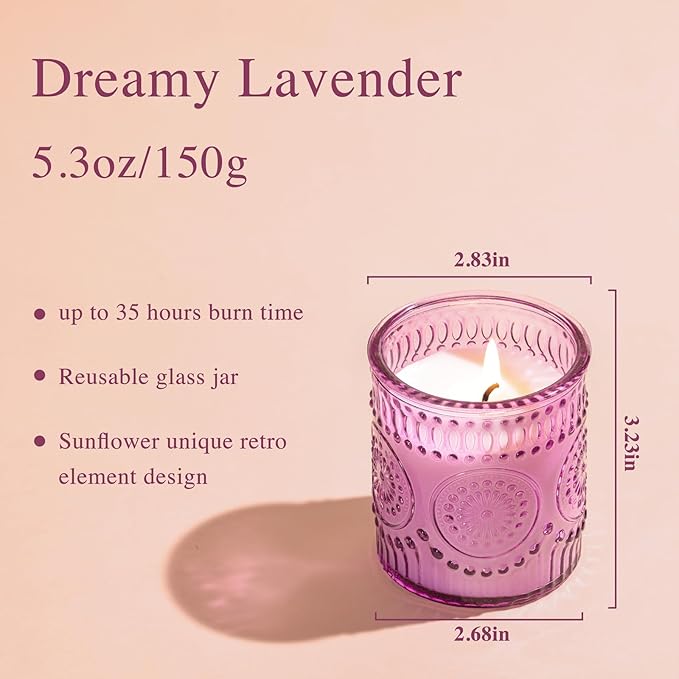 DARJEN Lavender Candles for Home- 5.3oz 35H Natural Soy Wax Aromatherapy Jar Candle with Strong Scent, Decorative Aesthetic Candles for Relax, Bedside, Laundry Room, Luxury Gift for Women