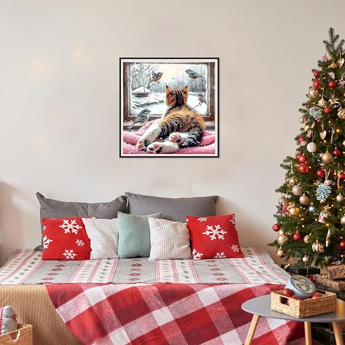 SENQAO Cat Diamond Art Kits for Adult, Christmas Diamond Painting Kits for Beginners, DIY Full Drill Winter Holdiay Rhinestone Diamond Dots Gem Painting Art Craft Home Decor 12 x12 Inch