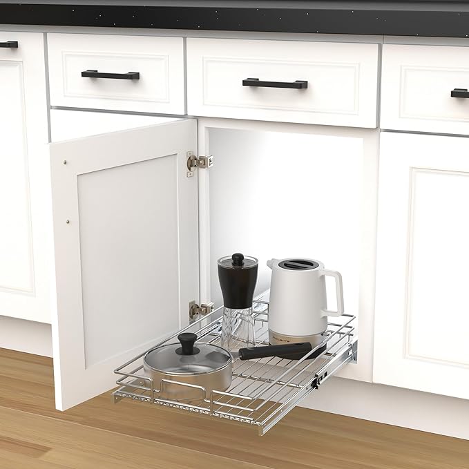 Pull Out Cabinet Organizer, Heavy-Duty Metal Sliding Drawer Shelf for Kitchen Cabinets, Chrome, Doesn't Include Door Fittings (14 * 21 IN)