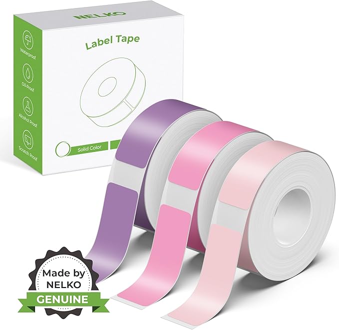 NELKO Genuine P21 Label Maker Tape, Adapted Label Print Paper, 14x40mm (0.55"x1.57"), Standard Laminated Office Labeling Tape Replacement, Multipurpose of P21, 180 Tapes/Roll, 3-Roll, Purple/Rose/Pink