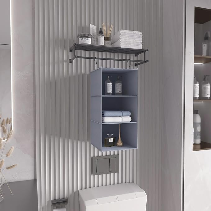 Hanging Closet Organizer and Storage 3-Shelf, Easy Mount Foldable Hanging Closet Wardrobe Storage Shelves, Clothes Handbag Shoes Accessories Storage, Washable Oxford Cloth Fabric, Gray