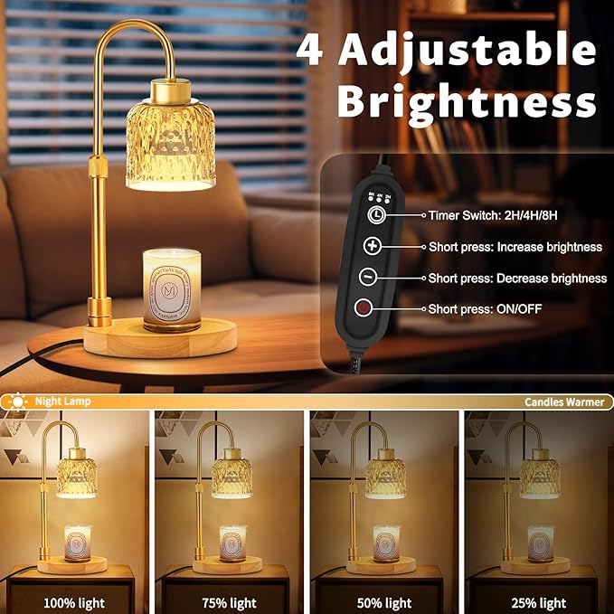 Candle Warmer Lamp Dimmable with Timer and 3 Bulbs, Adjustable Height & Brightness, Electric Candle Wax Warmer for Jar Candles, House Warming Gifts New Home Decor (Amber)
