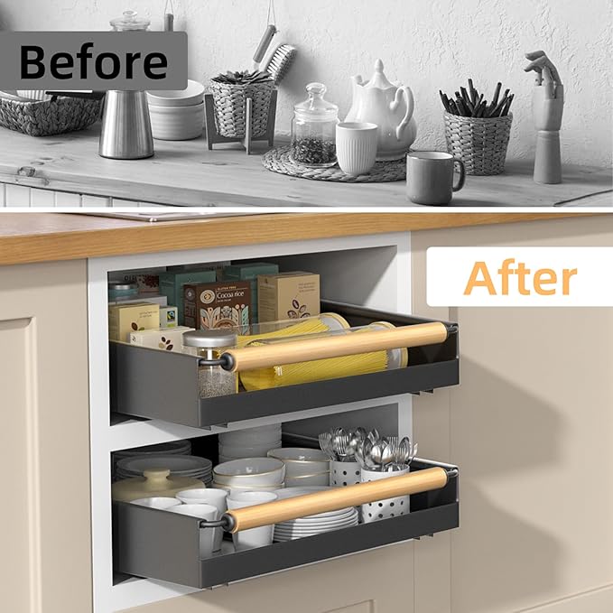 2 Pack Pull Out Cabinet Organizer, 15.3'' Deep Expandable Slide Out Cabinet Organizer Fixed with Adhesive Nano Film, Slide Out Drawers Pull Out Tray for Cabinet in Kitchen, Pantry, Bathroom, Black