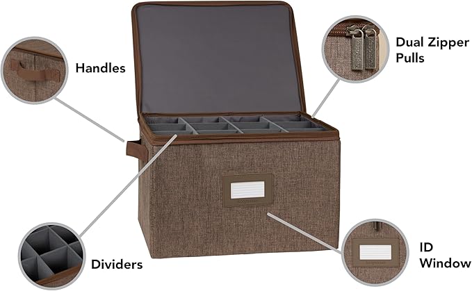 Covermates Keepsakes China Cups and Coffee Mugs Storage Box Stackable, Reinforced Handles, China Storage, Brown Heather