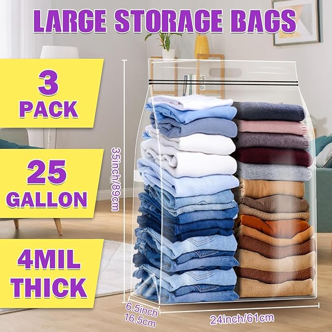 FURWEY 25 Gallon Extra Large Storage Bags 35”x 24”Resealable Clear Bags with Handle 4 Mil Thick Heavy Duty Big Bag for Clothes Pillow Travel Moving,Bedding,Shoes and Toys Storage, Pack of 3