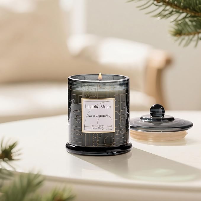 LA JOLIE MUSE Starlit Golden Fir Scented Candle, Pine, Cedarwood & Fir Balsam, 75-Hour Long Burn, Natural Soy Wax, Decorative Glass Jar Candle with Gift Box