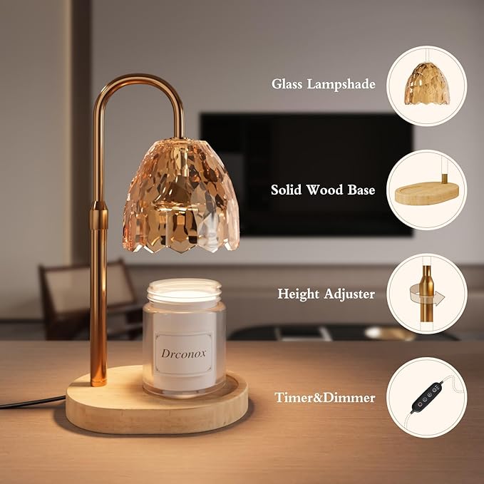 Candle Warmer Lamp with Timer Dimmable, Adjustable Height Wax Melt Warmer for Jar Candles, Birthday Gifts for Women, House Warming Gifts New Home Decor with 2 Bulbs, Amber
