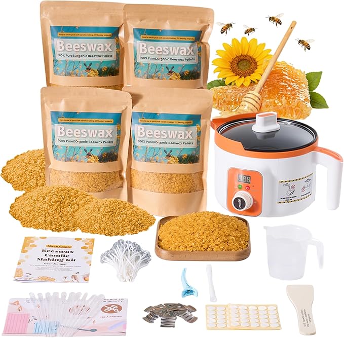 Beeswax Candle Making Supplies, 4LB Beeswax Candle Making Kit with Digital Wax Melter Pot, 100% Organic Beeswax Pellets, All-in-One DIY Bees Wax for Candle Making, Lip Balm, Lotion, Soap Making