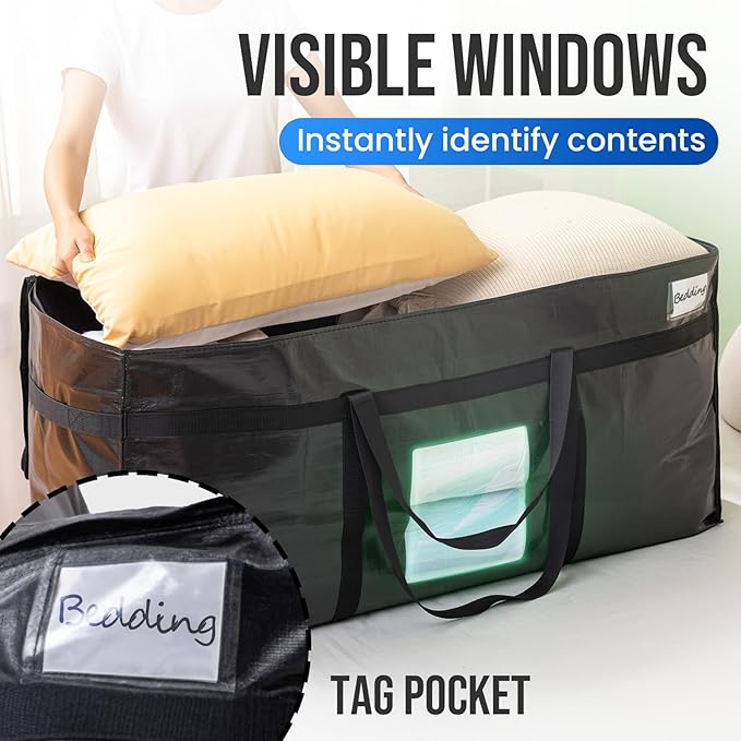 TAILI 69 Gallon Extra Large Storage Bags, XXL Black Heavy Duty Moving Bags For Storage with Visible Window, Wrap Around Handles, Totes for Space Saving, Alternative to Moving Boxes (2 Pack)