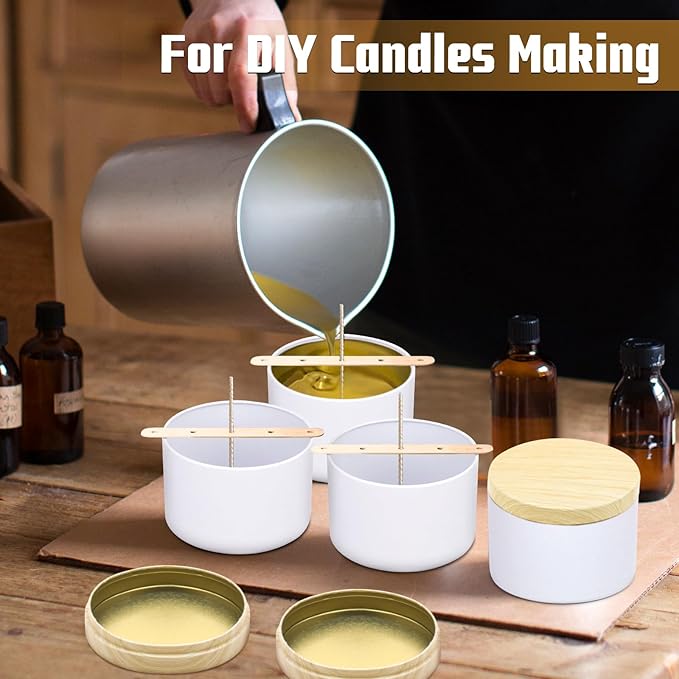 24-Pack Candle Jars, 12pcs 8oz + 12pcs 4oz Candle Tins with Metal Wood-Grain Printing Lids, Empty Candle Jars for Making Candles Bulk Candle Containers - White