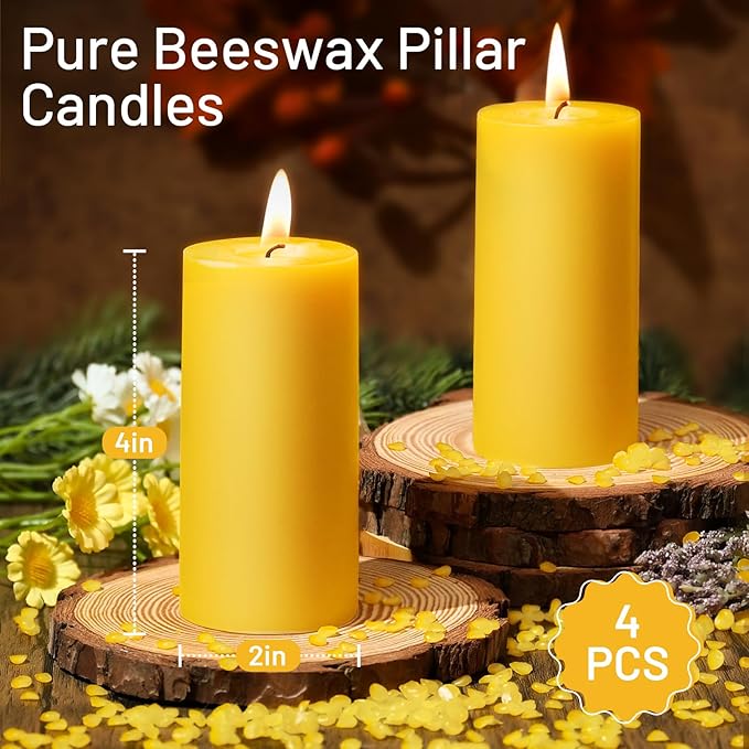 4 Pack Natural Beeswax Pillar Candles, 140 Hours Long Burning, 100% Pure Bees Wax Candles, Organic Emergency Beeswax Candles Bulk for Home Room Prayer Parties Relax, Smokeless & Dripless 2x4in