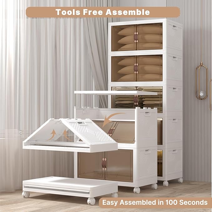 Extra Large Stackable Storage Bins with Lids & Wheels, Foldable Plastic Storage Bins (1, White, 30"×20"×80")