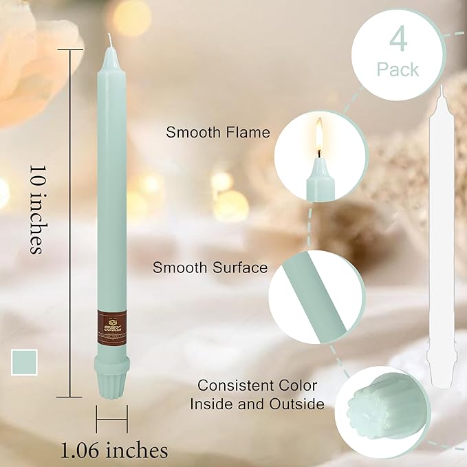 Grey Blue Candlesticks 10 Inch Handmade Dripless Taper Candles Unscented Colored Candle Set, Pack of 4 - Up to 8 Hours Burn