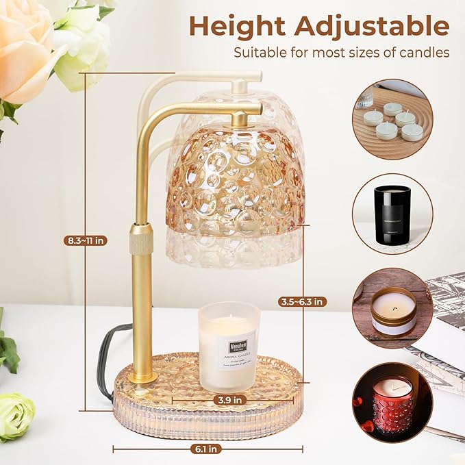 Candle Warmer Lamp with Timer Dimmer, Honeycomb Crystal Wax Melt Warmer for Jar Candles, Adjustable Height Wax Warmer Lamp with 2 Bulbs for Women Mom Gift New Home Bedroom Decor (Amber)