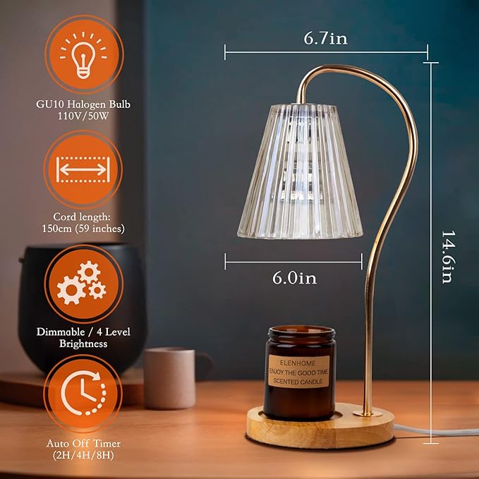 Elenhome Candle Warmer Lamp, Modern-Glass Candle Lamp Warmer with Timer & Dimmer, Electric Candle Warmer Lamp for Jar Candles, Wax Melter Warmer Lamps for Home Decor Gifts, with 2 Bulbs (Clear)