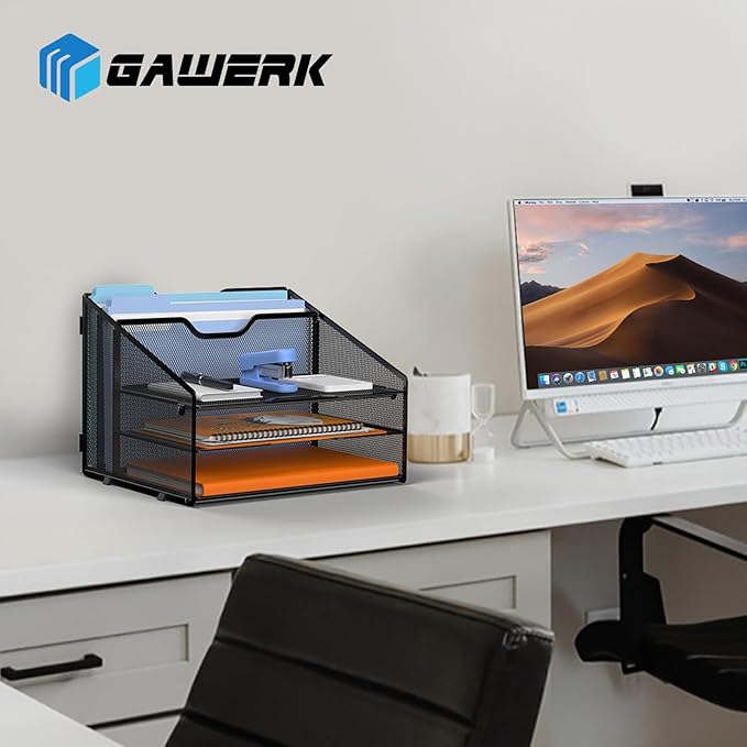 GAWERK Letter Tray Organizer, Mesh Desk File Organizer with 3 Paper Trays and 2 Vertical Upright Section (Gold)