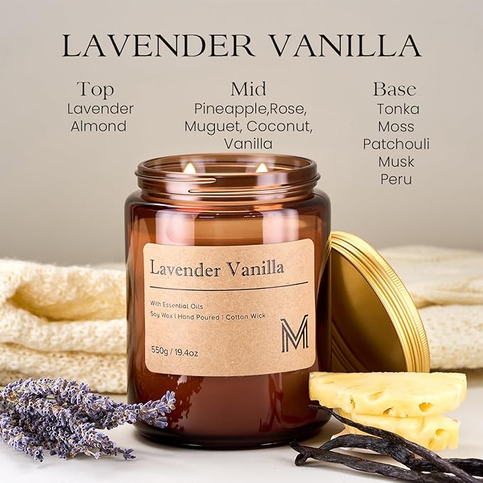 M&SENSE Lavender Vanilla Scented Christmas Candle Gift | 19.4oz, 115-Hour Burn | Natural Organic Soy Wax | Long-Lasting for Stress Relief and Gifting | for Christmas, Thanksgiving, Holiday
