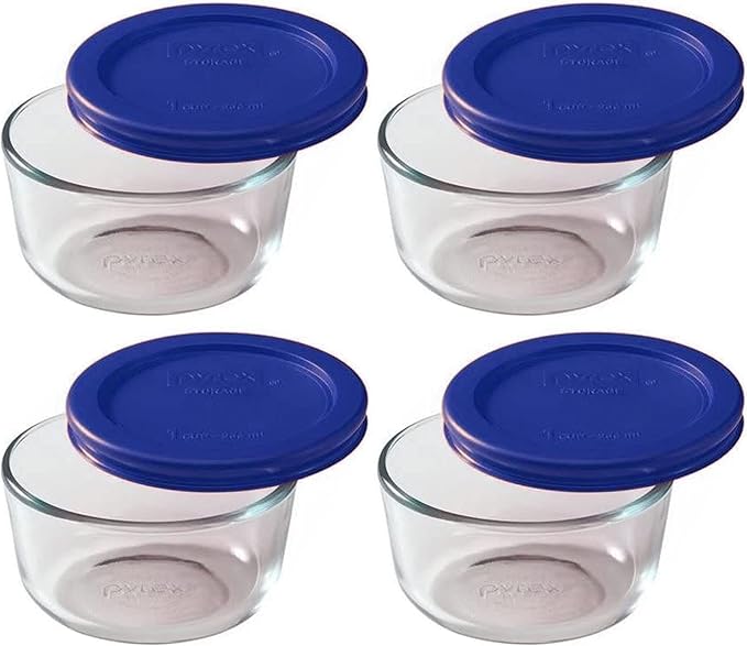 Pyrex 7202 1-Cup Glass Bowl & 7202-PC Cadet Blue Lid (4-Pack) - Made in USA