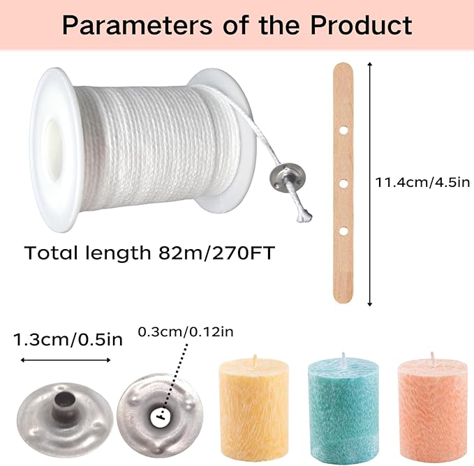 【270 Feet】 Candle Wick Roll with 125 Pcs Metal Candle Wick Sustainer Tabs, 80Pcs Candle Wick Stickers and 5Pcs Wooden Candle Wick Centering Device, 82m Cotton Candle Wicks for Candle Making Kit