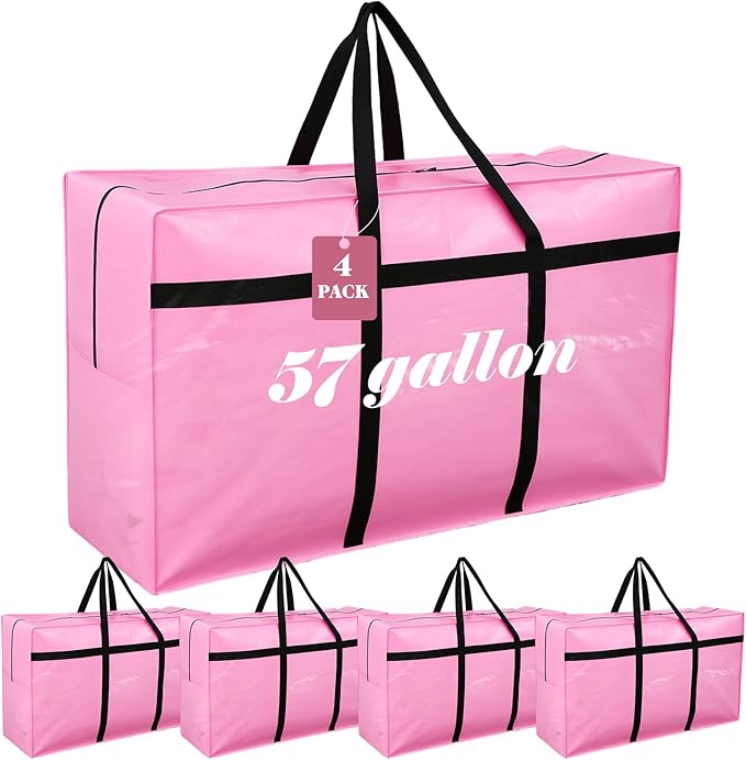 Windyun 4 Pack 57 Gallon Extra Large Moving Bags XXL Heavy Duty Storage Bag with Strong Zipper Handle Jumbo Big Tote Box Foldable for College Dorm Travel Clothes Duffle Blanket Pillow(Pink)
