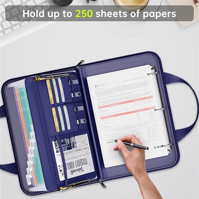 Fireproof Accordion File Organizer with Handle, 13 Pocket Expanding File Folder with Zipper & Labels, File Folder with 3 Ring Binder, Multi Pockets Paper Organizer Folder for Letter A4 Files (Blue)