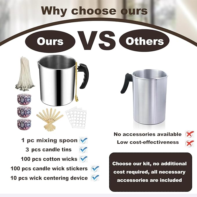 Harnico Candle Making Pouring Pot 1.3L Wax Pouring Pot Candle Making Pitcher with Heat-Resistant Handle and Dripless Pouring Spout Design with Candle Jars, Wicks, Stickers, Centering Device