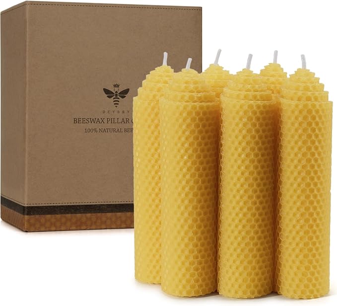 Beeswax Pillar Candles Set of 6 - Handmade Pure Beeswax Rolled Candles for Gift & Home Decor (1.5×6 in)