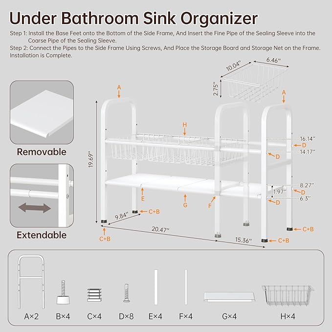 Under Sink Organizer 2 Tier,Height Adjustable Kitchen Cabinet Organizer with 4 Panels and 4 Baskets,Expandable Under Sink Shelf,for Kitchen,Bathroom, Laundry Pantry Cabinet,Apartment,White