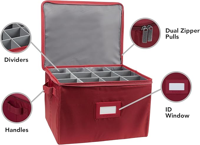 Covermates Cup and Mug Storage Box with Dividers, Stackable Organizer for Coffee Mugs & China Cups, Heavy-Duty Polyester with Handles, Zipper Closure & ID Window, Scarlett Red
