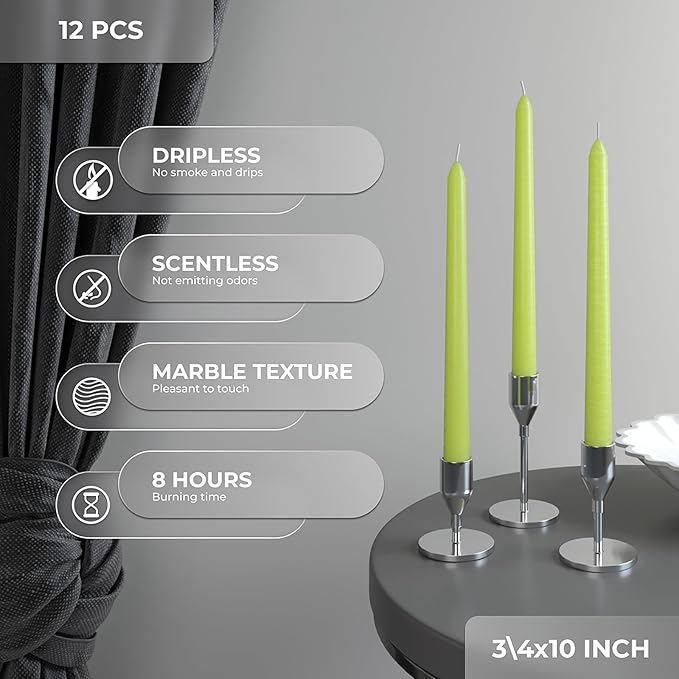 CANDWAX 10 inch Taper Candles Set of 12 - Dripless Tapered Olive Candlesticks - Perfect as Dinner Candles, for Christmas Decor - Olive