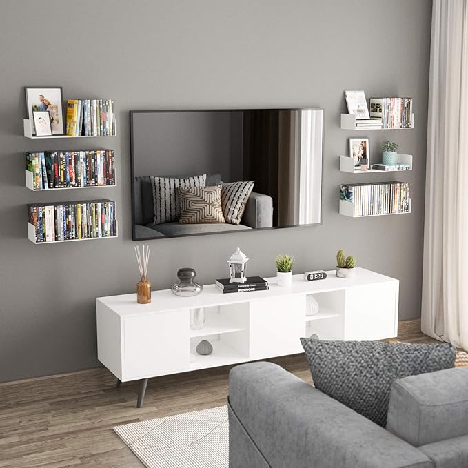 Wallniture Bali White U Shape Floating Shelves for Wall, CD DVD Storage Shelves and Metal Bookshelf Set of 6